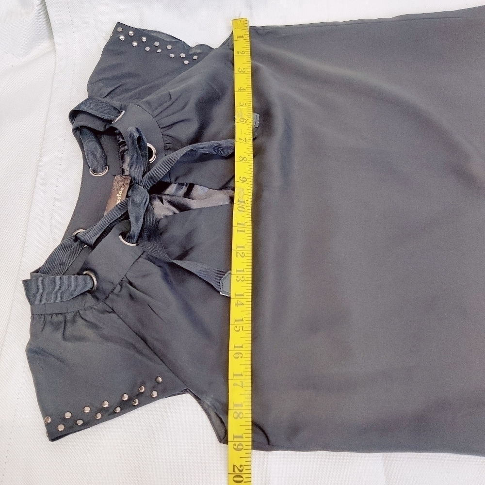 Staccato Black Silky Dress Cap Sleeve Above Knee Laced Tie Bow Collar Studs - Picture 11 of 16